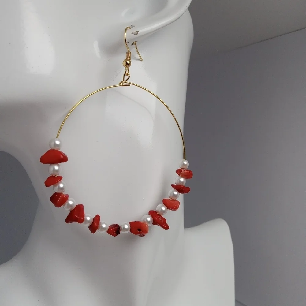 Vibrant Red Coral and Faux Pearl Beaded Hoop Earrings